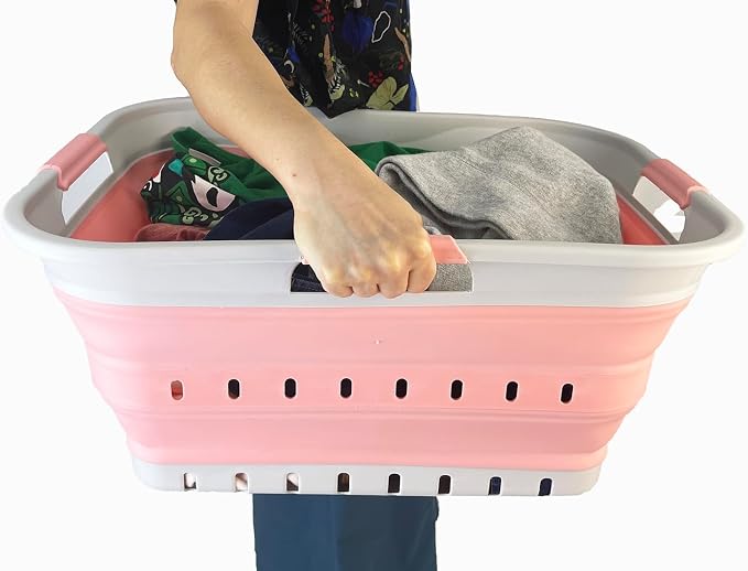 SAMMART 42L (11 gallon) Collapsible Plastic Laundry Basket - Foldable Pop Up Storage Container/Organizer - Space Saving Hamper/Basket (1, Grey/Quartz Pink) - Image 8