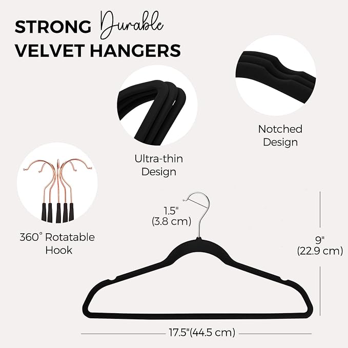 House Day Premium Velvet Hangers, Non-Slip Flocked Felt, Sturdy Coat & Suit Hangers for Closet Space Saving (100 Pack, Black) - Image 7