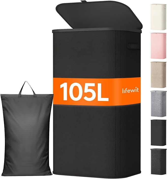 Lifewit 105L Large Laundry Basket with Lid, Laundry Hamper with Plastic Handles and Removable Bag, Foldable Tall Dirty Clothes Hampers for Laundry for Laundry Room, Bedroom, Bathroom, Dorm, Black by Lifewit