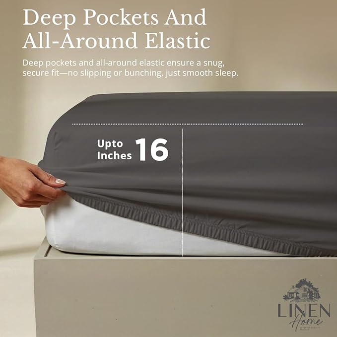 Linen Home 100% Cotton Percale Sheets Full Size, Smoky Charcoal, Deep Pocket, 4 Pieces Set - 1 Flat, 1 Deep Pocket Fitted Sheet and 2 Pillowcases, Crisp Cool and Strong Bed Linen