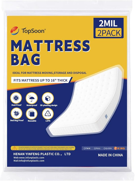 TopSoon 2PK Clear Plastic Mattress Bag - Moving & Storage Cover for Mattress or Box Spring - Heavy-Duty Disposal Supplies (2mil, King)