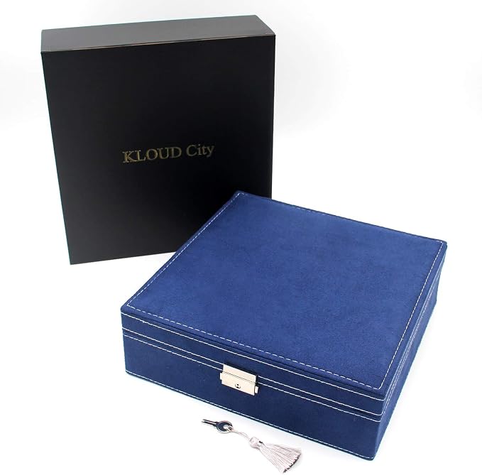 Two-Layer Jewelry Box Organizer Display Storage case with Lock (Deep Blue) - Image 6