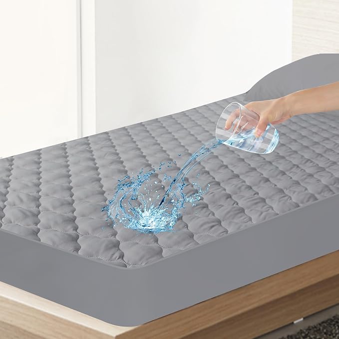 Twin Mattress Protector Pad Waterproof Quilted, Breathable & Cooling Twin Size Mattress Cover Fitted for Kids with Deep Pocket Up to 14" for Single Bed, (Gray)