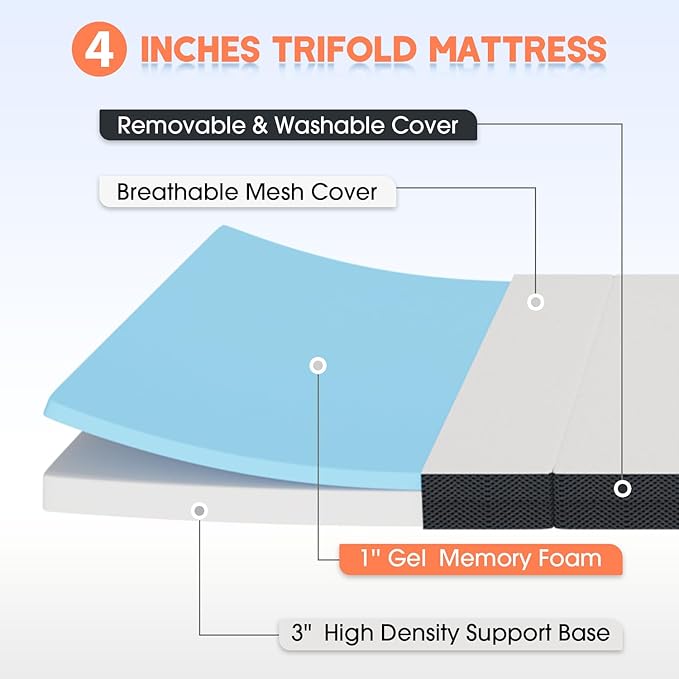 4 inch Memory Foam Tri Folding Mattress/Portable Foldable Mattress Topper with Washable Cover Non-Slip Bottom for Camping, Guest, Floor RV, CertiPUR-US Certified, Full