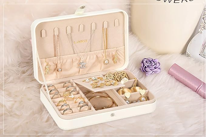 LANDICI Small Jewelry Box for Women Girls, PU Leather Travel Jewelry Case, Portable Jewelry Organizer Storage Holder Display for Ring Earrings Necklace Bracelet Bangle Men Kids Gift, White - Image 8