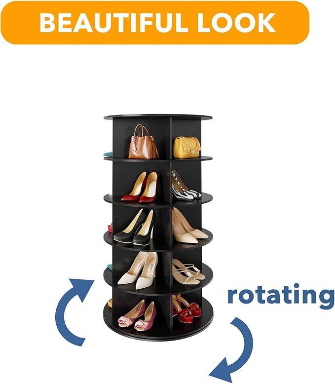 SpaceAid 5 Tier Rotating Shoe Rack Tower, Spinning Shoe Display Lazy Susan, Revolving 360 Shoe Rack Storage Round Carousel, Vertical Handbag Rotate Shoes Closet Organization (5-Tier Black) - Image 7
