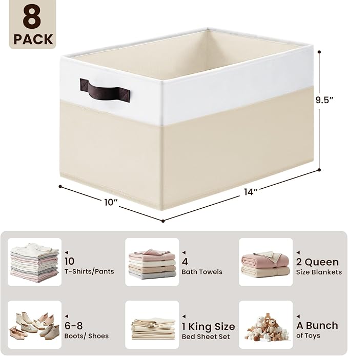 Criusia 8 Pack Large Storage Basket, Fabric Blanket Basket Living Room, Toy Organizers and Storage with Handles for Kids, Laundry Basket for Clothes Towel, Yarn and Craft Storage Bins (14L*10W*9.5H) - Image 2