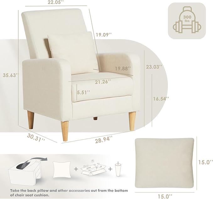 COLAMY Sherpa Upholstered Accent Chair Armchair with Pillow, Fabric Reading Living Room Side Chair,Single Sofa with Lounge Seat and Wood Legs, Cream
