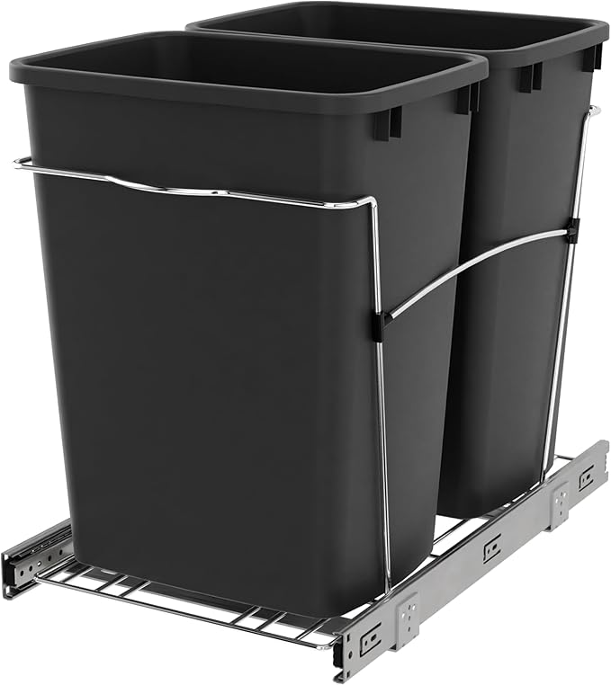 Rev-A-Shelf RV-18KD-18C S Double Pullout Trash Can for Kitchen Cabinets 35 Qt Garbage Recycling Bin on Full Extension Slides, Black by Rev-A-Shelf