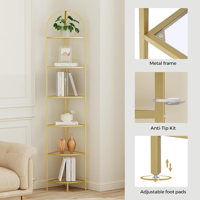 Homhedy 6-Tier Corner Shelf Stand, Metal Corner Bookshelf, Tempered Glass Shelves, Bathroom Storage Rack Shelf, Plant Stand, Modern Style, Golden - Image 5