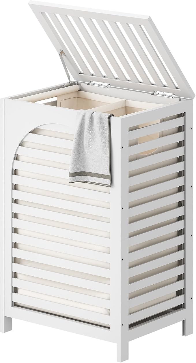 FILWH Laundry Hamper with Lid (16.9 * 13 * 26.5inches) Large Bamboo Laundry Bin Basket 85L Clothes Hamper with 1 Removable Bag Storage baskets for Bathroom (White) by FILWH