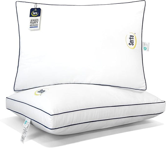 Serta Hotel Collection Bed Pillows Queen/Standard Size Set of 2, 400 Thread Count 100% Cotton Cover, Medium Firm, Support Gusseted Down Alternative Pillow for Back, Stomach or Side Sleepers, 18" x 26"