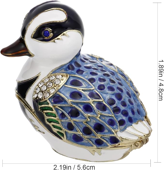 Hand Painted Enamel Duck Trinket Box for Home Decor, Hinged Jewelry Organizer for Ring Earrings, Unique Figurine Keepsake Collectible Personalized Elegant Handmade Ornament Gifts (Blue Cartoon Duck) - Image 2