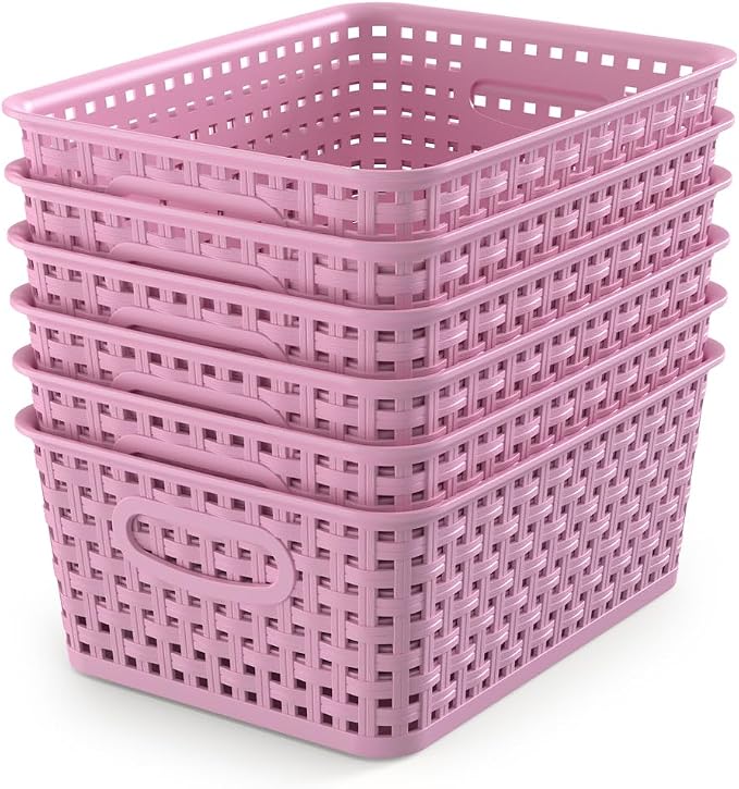 WYT 6-Pack Plastic Small Shelf Storage Weave Baskets Organizing for Cabinets and Pantries, Lavender Purple by WYT