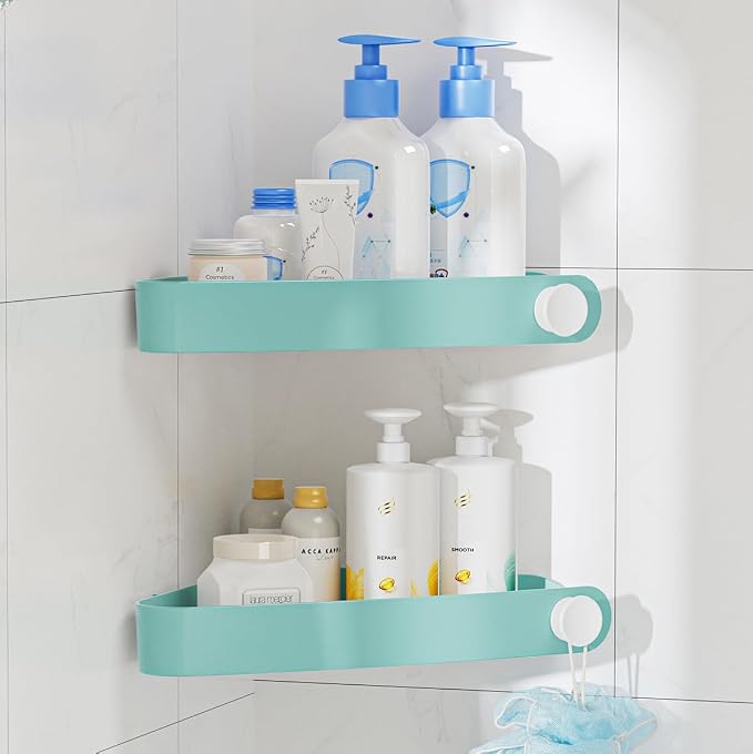 Sotfamily Plastic Shower Caddy Corner (For 90° Only), 2 Pack Adhesive Corner Shower Shelves for Bathroom Organizers and Storage, Turquoise by Sotfamily