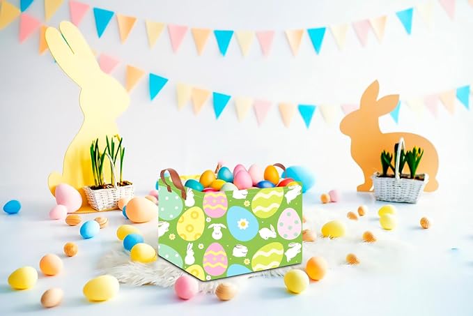 CLOCOR Rectangular Easter Basket Empty, Easter Gift Basket, Waterproof Storage Box with Handles,Room Decor(Green Easter Basket) - Image 2