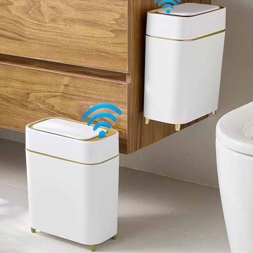 Yatmung Motion Sensor Trash Can Bathroom Automatic Touchless Lid - Sensor Garbage Can - Bathroom, Bedroom, Kitchen, Laundry Room, Small Spaces - Compact Smart Trash Bin - White with Gold Edge, 1Pack - Image 3