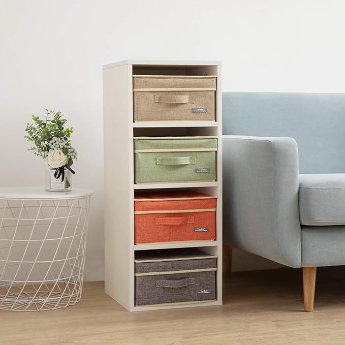 YueYue Small 4 Pack Fabric Stroage Box with Lids, Linen Foldable Stroage Box with lids 4 Color Set 12.4in/12in/6.7in - Image 2