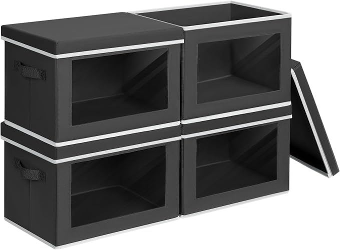 Homsorout Storage Boxes with Lids - 4 Pack Fabric Clear Window Storage Bins, Large Decorative Storage Bins with Handles, Linen Closet Organizer for Clothes, Towel, Blanket, Black by Homsorout