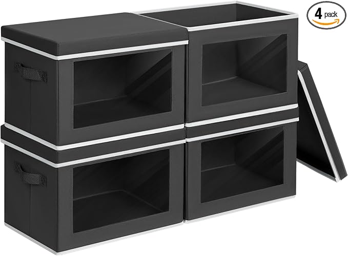 Homsorout Foldable Storage Box with Lid - Closet Storage Organizer with Window, Storage Bins with Lids for Clothes, Fabric Storage Baskets for Shelves, Bedroom, Dorm, Black, 4 Pack by Homsorout