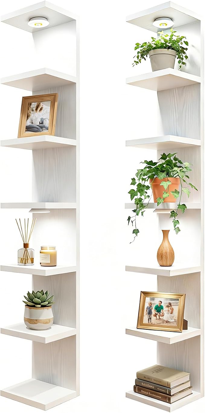 Fixwal 7 Tier Wall Mounted Shelf Set of 2 White Lack Wall Shelf with LED Lights Floating Shelves for Home Decor Organizer Display by Fixwal