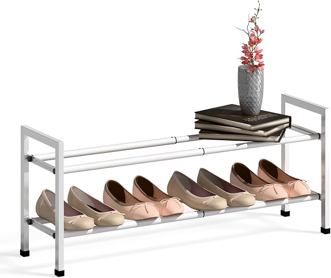 Bumusty 2-Tier Expandable Shoe Rack for Closet, 18“-33” Adjustable Shoe Rack for Small Space, Small Shoe Organizer for Front Door, Sturdy Metal, White by BUMUSTY