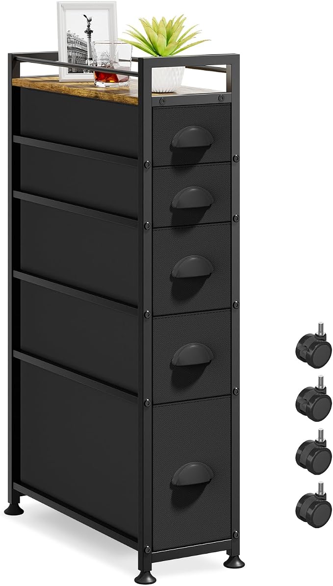 LASZOLA 5 Drawer Narrow Dresser Slim Cabinet Skinny Storage Tower Chest, Ideal for Small Spaces Bathroom, Between Washer and Dryer, Lightweight Mobile on Wheels, Sturdy Fabric Drawers, Black by LASZOLA