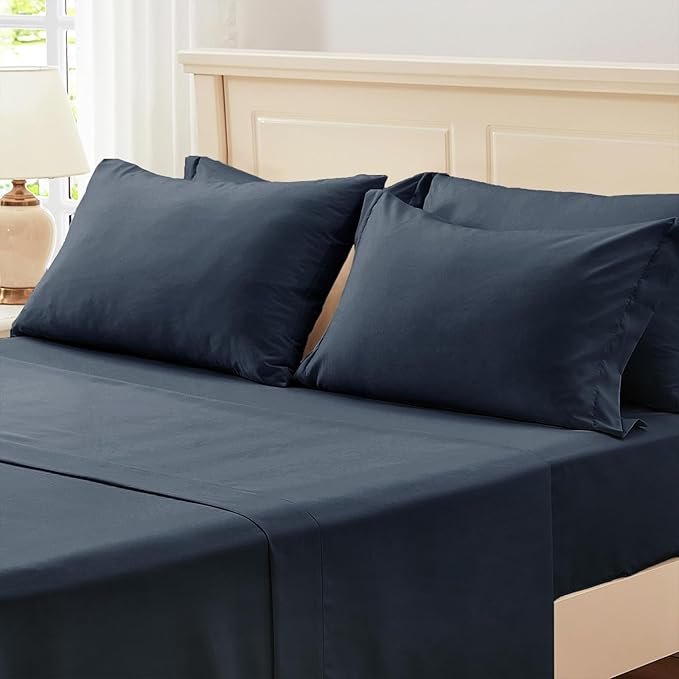 Zzlpp King Comforter Set 7 Pieces, Navy Blue Seersucker Bed in a Bag with Comforter, 2 Pillow Shams, 2 Pillowcases, 1 Flat Sheet, 1 Fitted Sheet