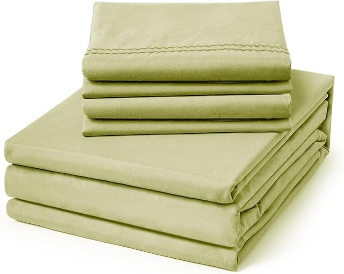 ClevaHome Full Size Sheet Set - 6 Piece Soft Breathable Luxury Bed Sheet Set - Shrinkage & Fade Resistant Embroidered Bedding Sheet with Deep Pocket, 2 Extra Pillowcases (Full, Leaf Green)