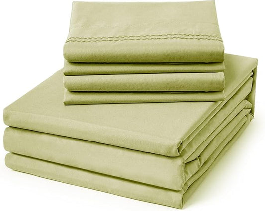 ClevaHome Full Size Sheet Set - 6 Piece Soft Breathable Luxury Bed Sheet Set - Shrinkage & Fade Resistant Embroidered Bedding Sheet with Deep Pocket, 2 Extra Pillowcases (Full, Leaf Green)