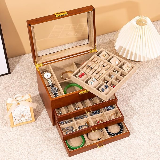 Walnut Wood Jewelry Box, 4-Tier Soild Wood Jewelry Box with 3 Drawers Large Storage Lockable Jewelry Organizer with Glass Lid Christmas Gifts for Necklaces Rings Earring Watches Bracelets - Image 3