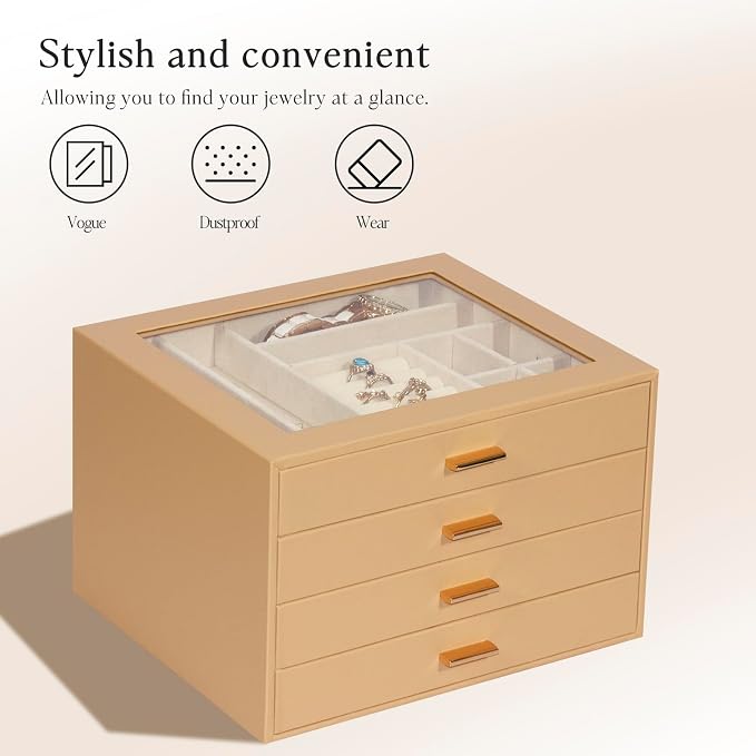 Jewelry Box with Glass Lid, 4-Layer Jewelry Organizer for Women Girls, PU Leather Display Case with 20-Grid Earring Tray & Movable Dividers for Necklaces Rings,Camel - Image 5