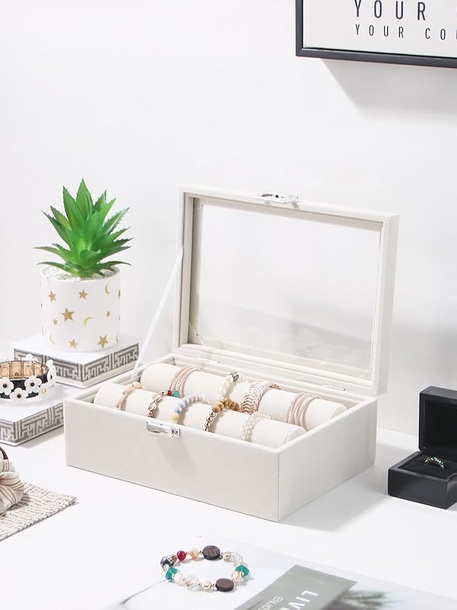 Bracelet Holder Organizer Box, Jewelry Storage Case with 2 Rods, Bangle Watch Display Tray for Women Girls (Beige) - Image 2