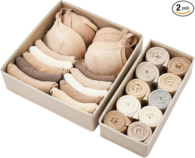Underwear Drawer Organizer 2 Pack - Foldable Fabric Storage Bins for Dresser & Closet, Khaki Sock and Bra Dividers, 2 Sizes for Bedroom Organization by Unknown