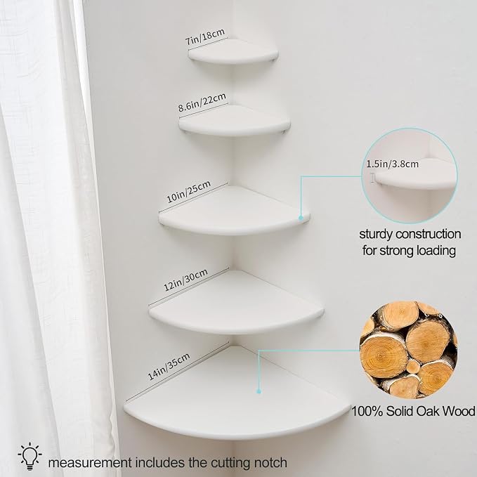 Corner Shelf, White Solid Oak Wood Floating Corner Shelves Wall Mount Round End Floating Speaker Rack Display Shelf for Small Plant Photo Frame (White, 13.8in) - Image 7