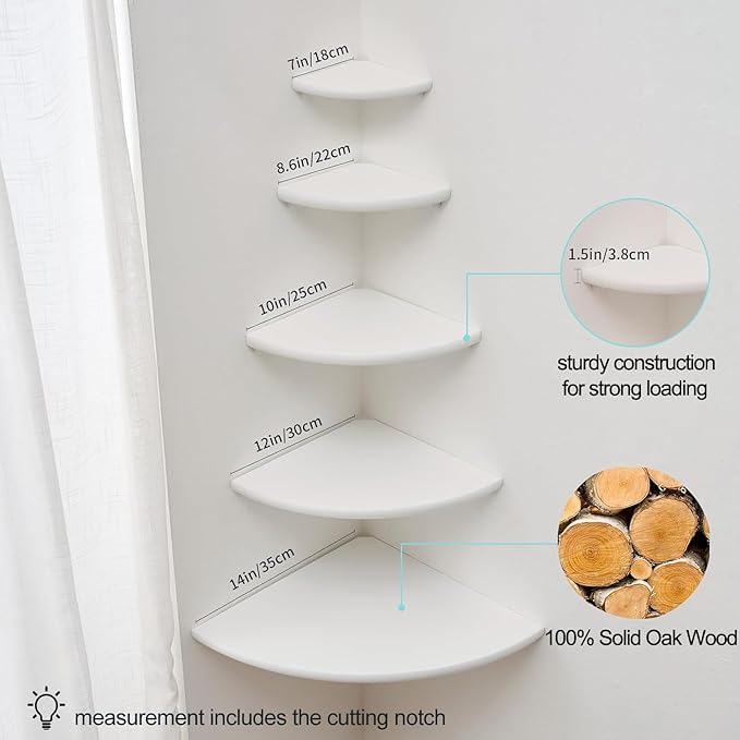 Corner Shelf, White Solid Oak Wood Floating Corner Shelf Wall Mount Round End Floating Speaker Shelf Display Shelf for Small Plant Photo Frame (White, 16in) - Image 6