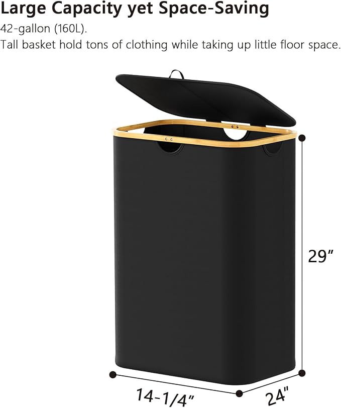 SpaceAid Double Laundry Hamper 2 Section with Lid and Removable Laundry Bags, 160L Clothes Basket with Bamboo Handles, Large Collapsible Hamper for Bedroom, Bathroom, Dorm, Laundry Room - Black - Image 5