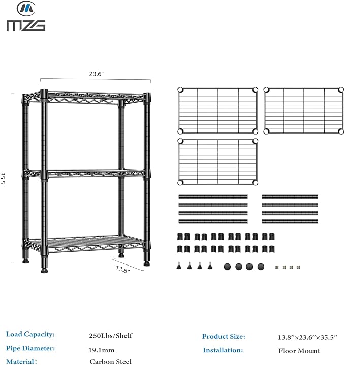 M MZG 750 lbs 3 Tier Shelf Metal Storage Shelves Shelving Wire Rack Heavy Duty Closet Organizers for Garage Kitchen Bathroom Laundry Black 13.8" D x 23.6" W x 35.5" H - Image 3