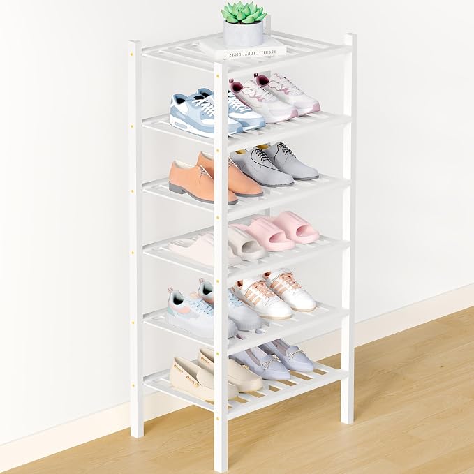 Smiry Bamboo Shoe Rack for Closet, 6 Tier Small Wooden Stackable Shoe Organizer, Free Standing Shoes Storage Shelf for Entryway, Front Door Entrance, White by Smiry