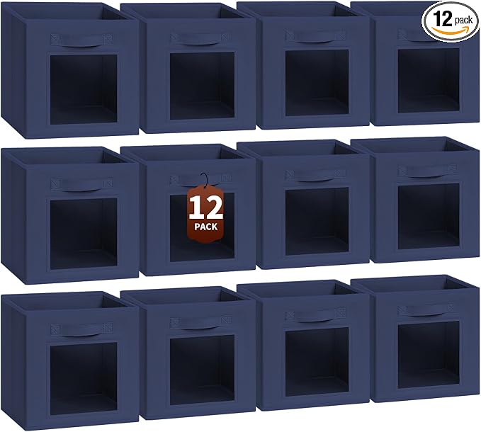 Homsorout Storage Cube 11 Inch - Cube Storage Bins with Window, Closet Storage Baskets with Handle, Fabric Bins for Closet, Shelves, Toys, Clothes, Set of 12, Navy Blue by Homsorout