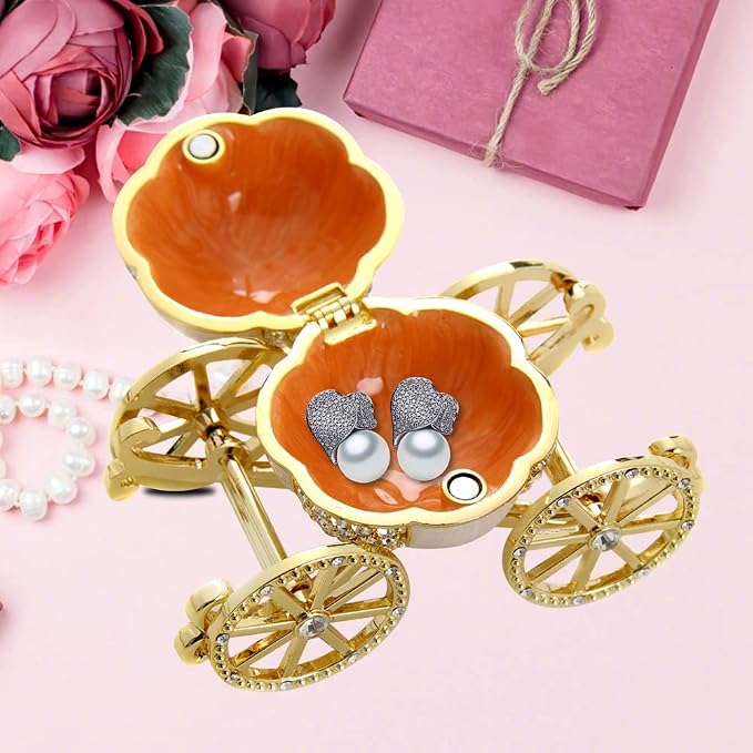 LASODY Hand Painted Enameled Cinderella Pumpkin Carriage Decorative Hinged Jewelry Trinket Box Unique Gift for Family,Jewelry Chests Wedding Valentine‘ Day, Mother’s Day Gifts (Gold, Jewelry box) - Image 6