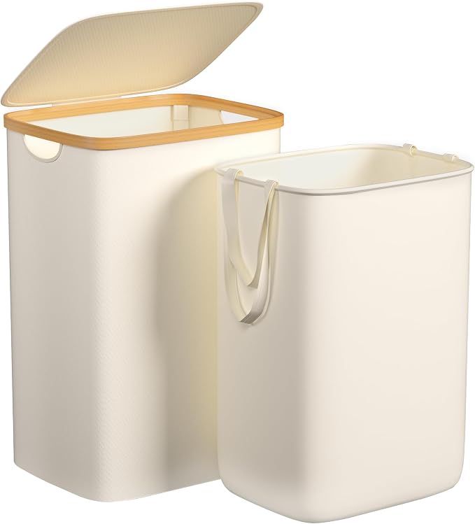 Foluck Large Laundry Hamper, 75L Waterproof Laundry Basket with Lid and Removable Bag, Collapsible Tall Clothes Hamper with Bamboo Handles for Clothes Toys in Dorm Bedroom Bathroom, Beige by Foluck