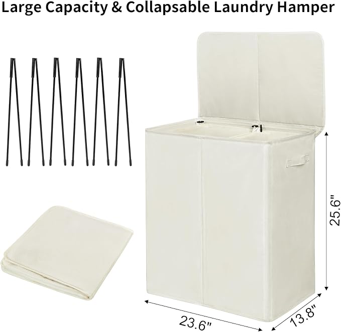 WOWLIVE 140L Double Laundry Hamper with Lid and Removable Laundry Bags, Large Dirty Clothes Hamper 2 section Collapsible Laundry Basket Dorm Room Storage for Bedroom, Bathroom, College,Beige - Image 3