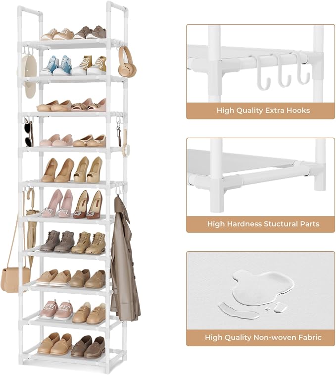 VTRIN 10 Tiers Tall Shoe Rack Holds 20-25 Pairs of Shoes Sturdy Vertical Shoe Organizer with 18pcs Hooks Stackable Narrow Shoe Rack for Closet, Entryway White - Image 4