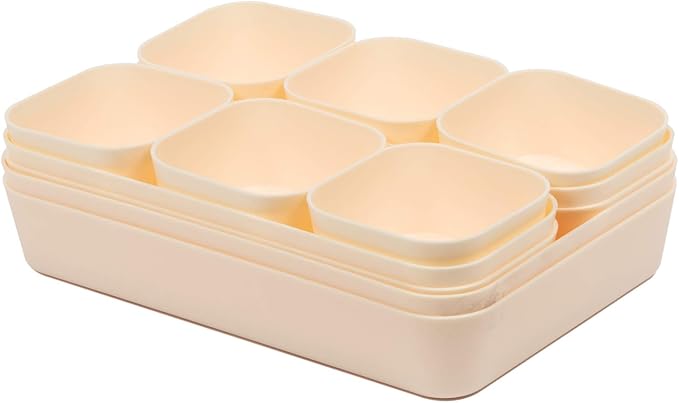 Backerysupply Set Of 12 Beige Color Plastic Desk Drawer Organizers For Makeup Bathroom Office Kitchen Vanity Drawer Storage Box Container - Image 7