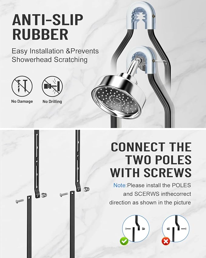 Adjustable Shower Caddy Hanging for Handheld Showerheads - Never Rust Shower Hanging Organizer, Upgraded Bathroom Shower Rack with Soap Basket, Hooks and Toothbrush Holder (Black) - Image 6