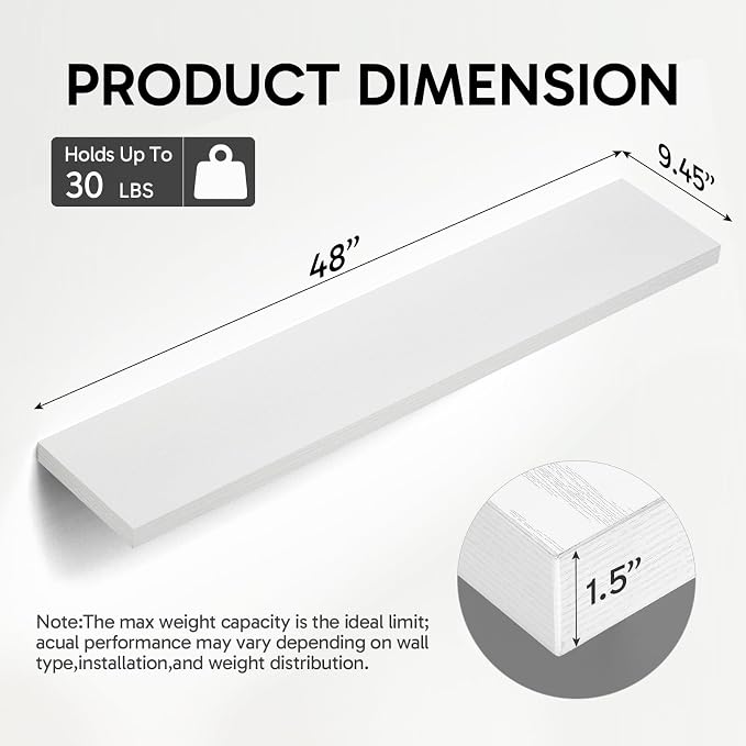 BAYKA Floating Shelves, 48 inches Long Heavy Duty Wall Mounted Rustic Wood Shelves for Bathroom, Bedroom, Living Room, Kitchen, Office, Hanging Shelf for Books/Storage/Decor(White,Set of 2) - Image 3