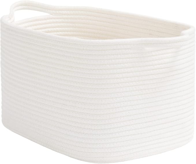 Goodpick White Woven Rope Basket with Handles, Medium Rectangle Basket for Books, Toys, Towels, Square Decorative Baskets for Living Room, Nursery, Shelf Baskets for Bedroom, 13" x 10" x 9" by Goodpick