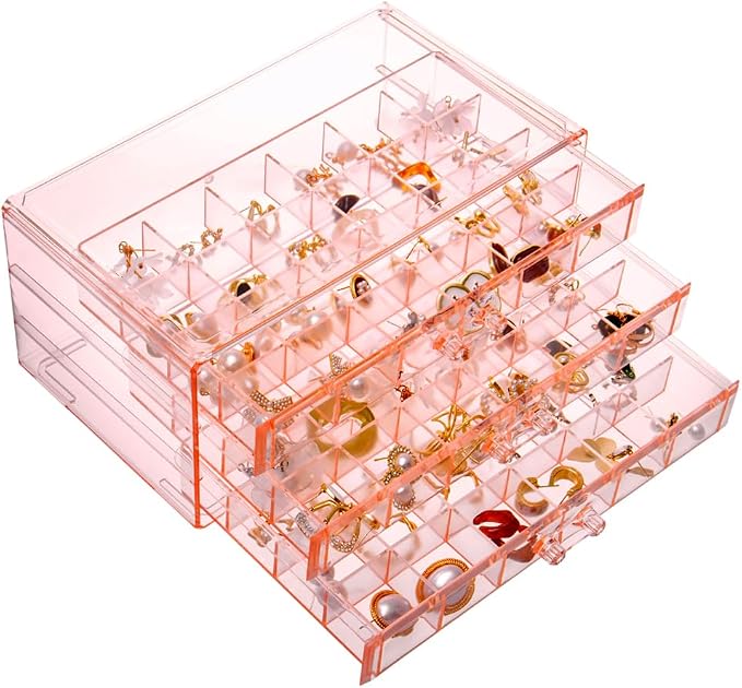 YUFONG Earring Storage Box Organizer 3 Drawers Acrylic Jewelry Storage Box Holder Transparent Jewelry Display Stand with 72 Small Compartments Gift for Women Girls (Clear Pink) by YUFONG