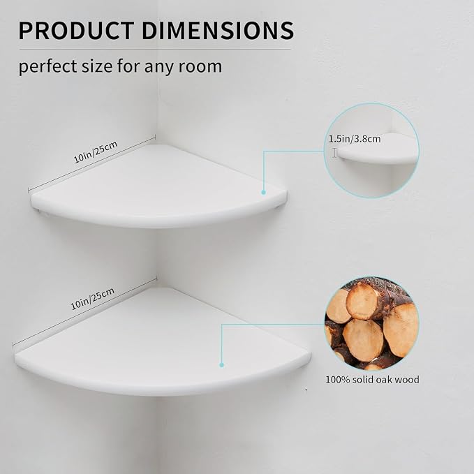 Corner Shelves, Floating Corner Shelf, Set of 2 Solid Oak Wood Wall Shelves, Round End Wall Mount with Wire Hole Shelving for Small Plant for Bedroom Kitchen, Living Room White - Image 5